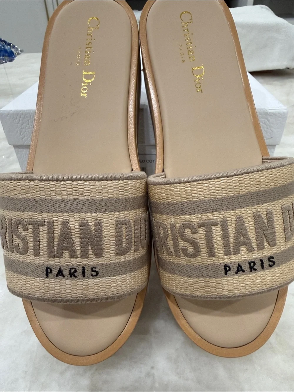 New in Box Dior Natural Beige Logo Cork Platform Slide